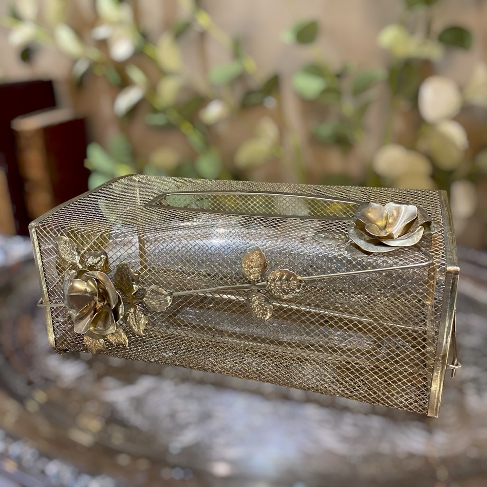 Vintage Tissue Holder Gold Brass Mesh Kleenex Box Cover Hollywood Regency c1960s